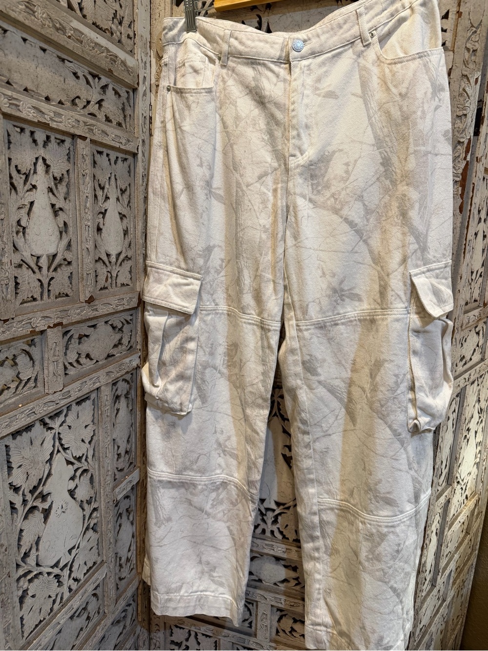 Altar'd State Cream Tie-Dye Wide Leg Cargo Pants